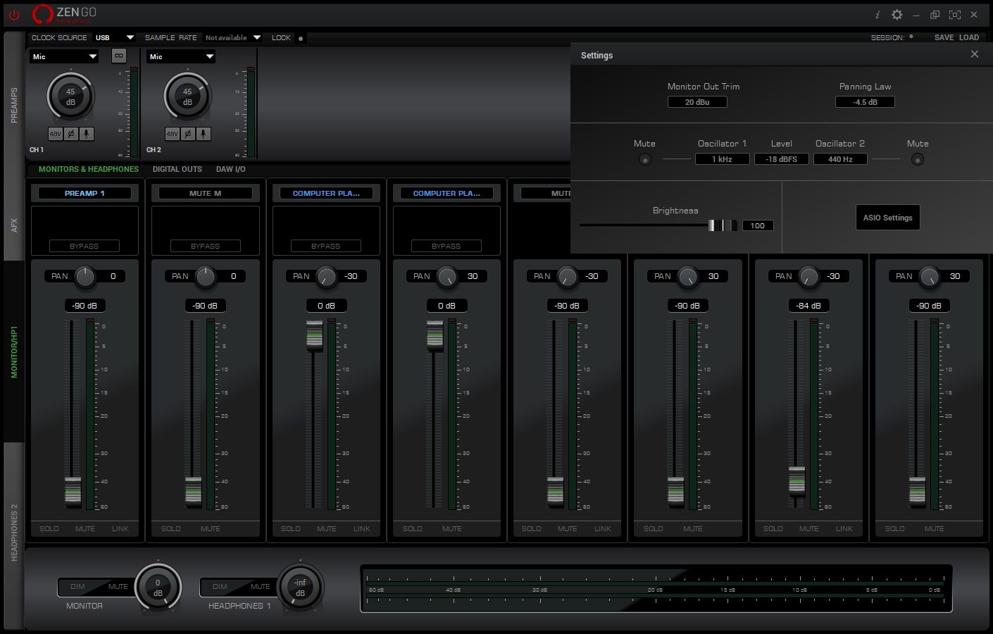 Микшер Antelope Zen Go — фейдеры Computer Playback на 0 dB